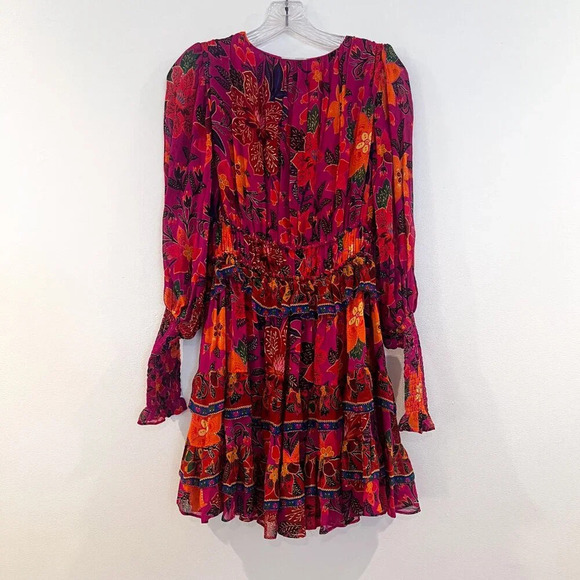 Farm Rio Colorful Pink Floral Tropical V Neck Tiered Long Sleeve Mini Dress XS - Picture 7 of 9
